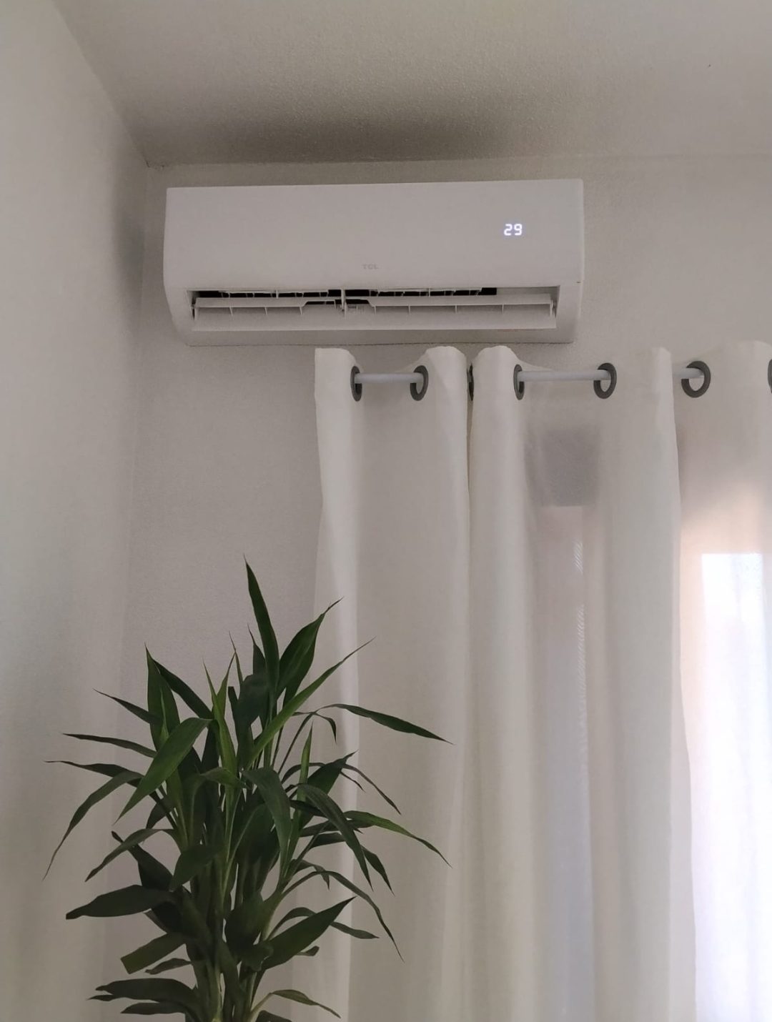 Ambiente climatizado, com cortinas e vasos de planta.